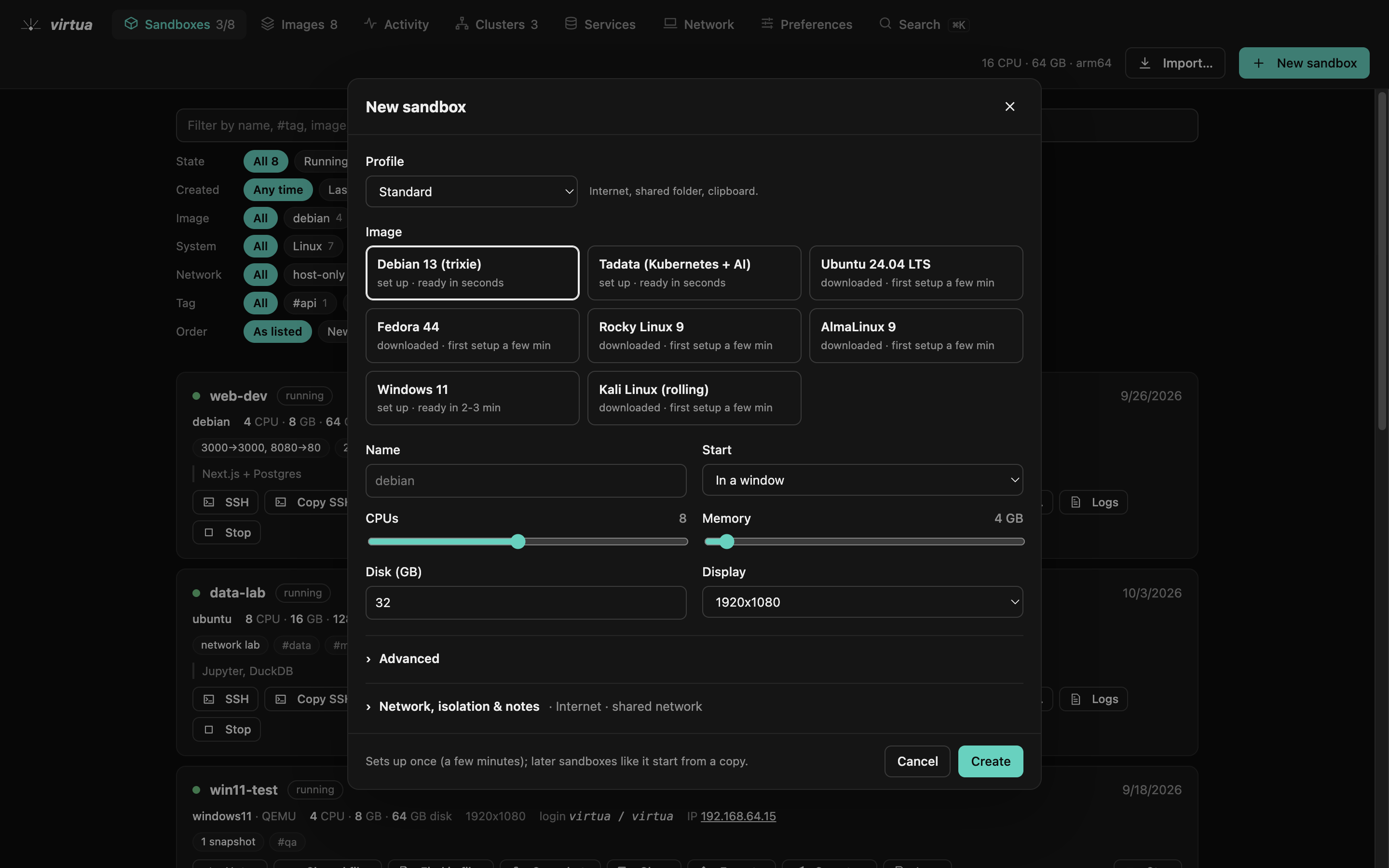 New sandbox: An image, a profile, CPUs and memory; the advanced options and the isolation stay folded until you need them.