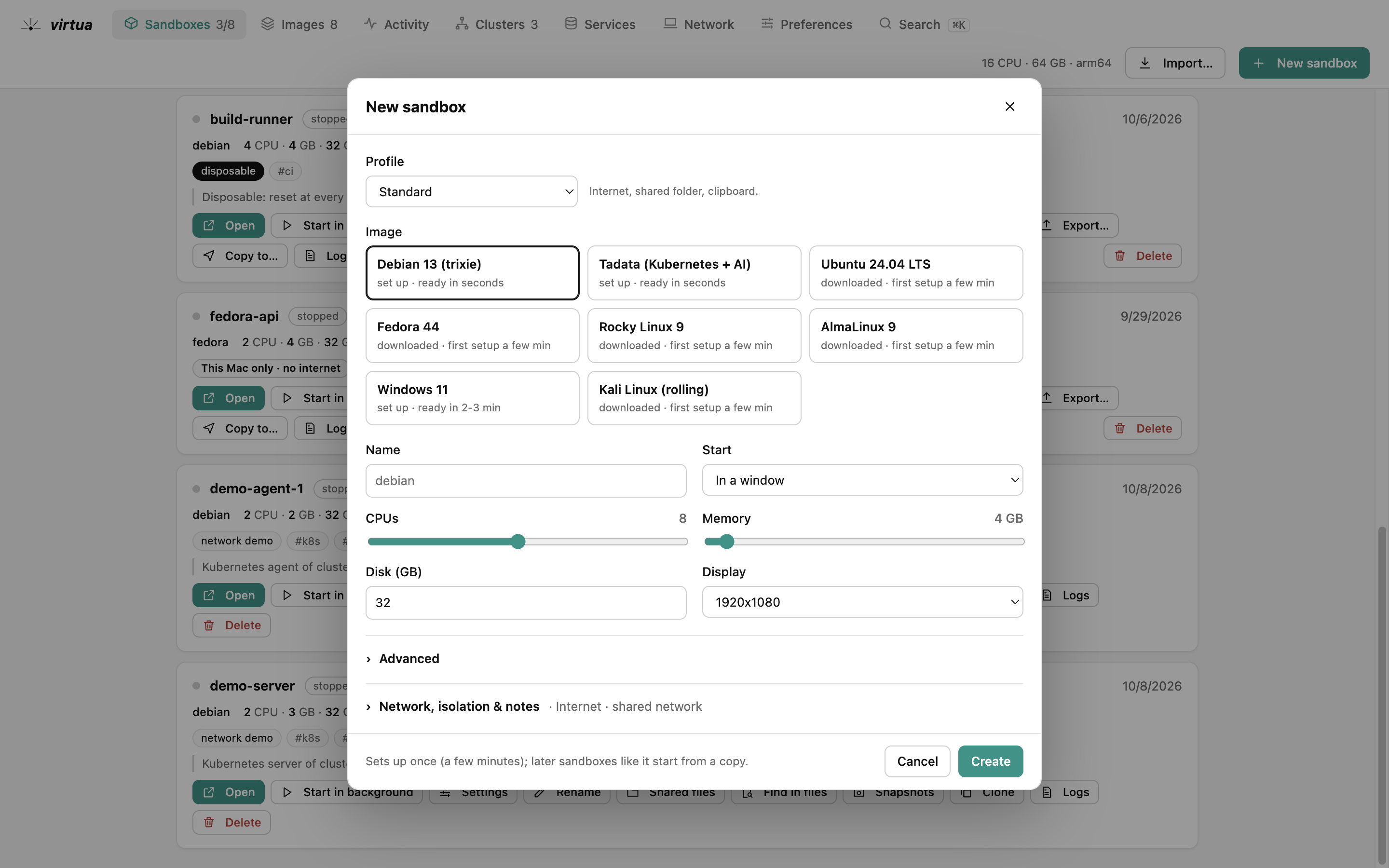 New sandbox: An image, a profile, CPUs and memory; the advanced options and the isolation stay folded until you need them.