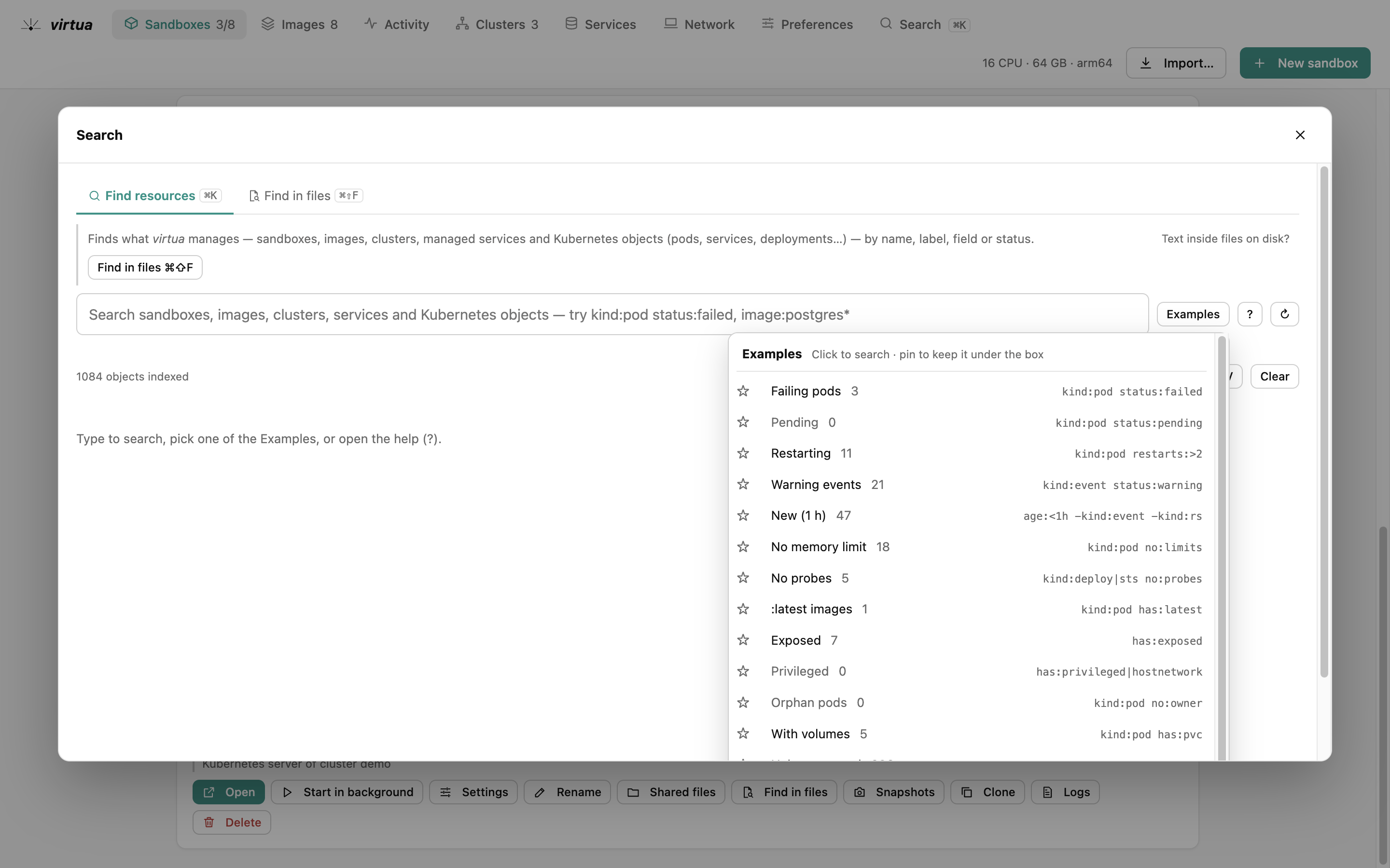 Search: Everything virtua manages, one box: examples to start from, facets and saved searches.